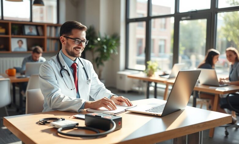 Médico nômade digital trabalhando remotamente com computador e equipamentos médicos