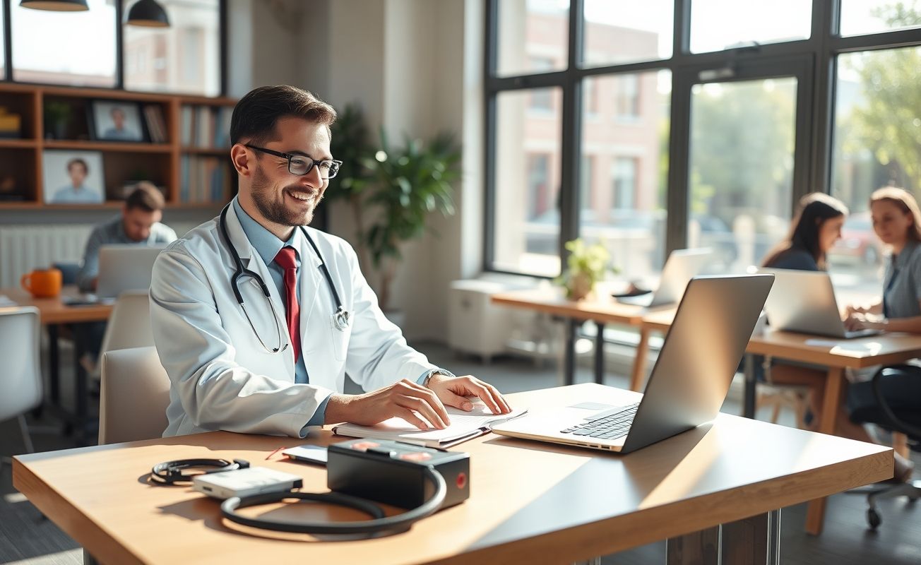 Médico nômade digital trabalhando remotamente com computador e equipamentos médicos
