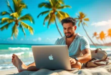 Nômade digital trabalhando em uma praia, simbolizando o sucesso nos negócios online.