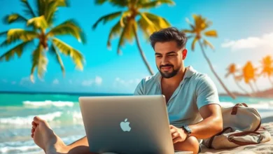 Nômade digital trabalhando em uma praia, simbolizando o sucesso nos negócios online.