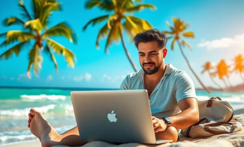 7 Estratégias de Gestão Estratégica para Aumentar o Lucro do seu Negócio Online - Web Nômade Digital Nômade digital trabalhando em uma praia, simbolizando o sucesso nos negócios online.