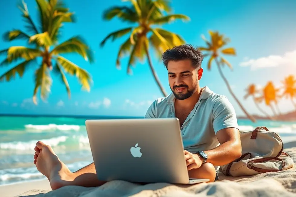 Nômade digital trabalhando em uma praia, simbolizando o sucesso nos negócios online.