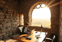 Profissional trabalhando com laptop em torre histórica com vista panorâmica