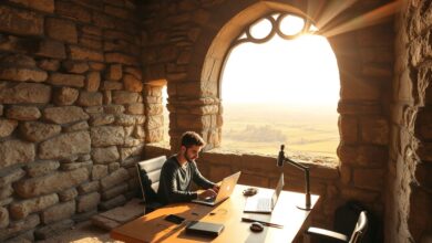 Profissional trabalhando com laptop em torre histórica com vista panorâmica