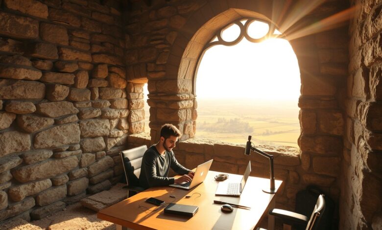 Profissional trabalhando com laptop em torre histórica com vista panorâmica