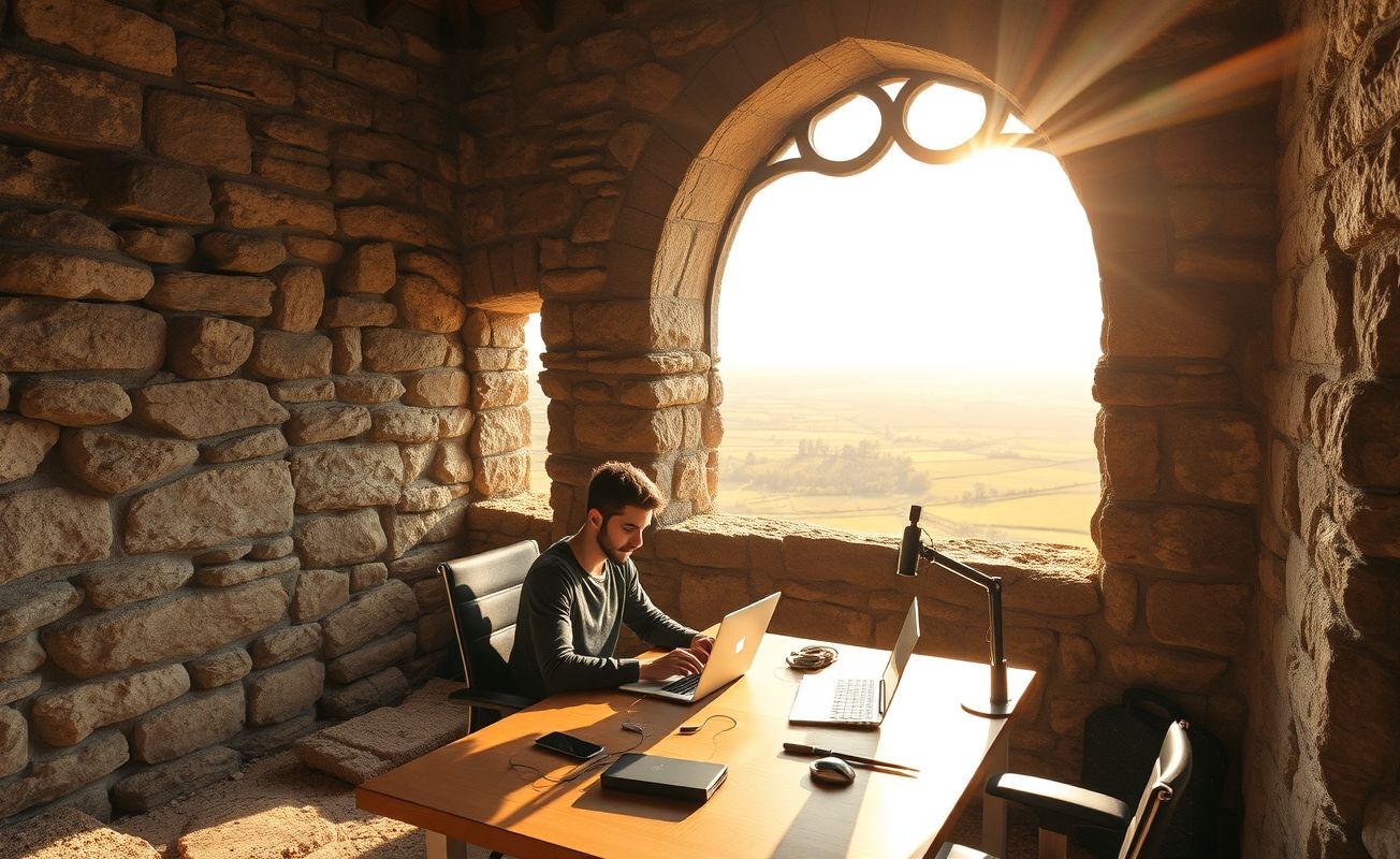 Profissional trabalhando com laptop em torre histórica com vista panorâmica
