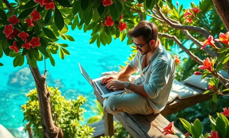 7 Estratégias Infalíveis para Construir uma Agenda de Clientes como Nômade Digital - Web Nômade Digital Um nômade digital se dedicando ao trabalho em meio à natureza.