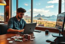 Nômade digital trabalhando remotamente para cassino online com laptop e analytics