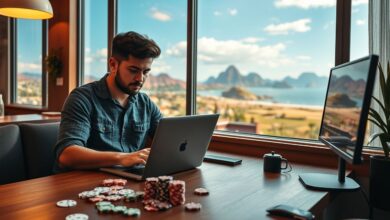 Nômade digital trabalhando remotamente para cassino online com laptop e analytics