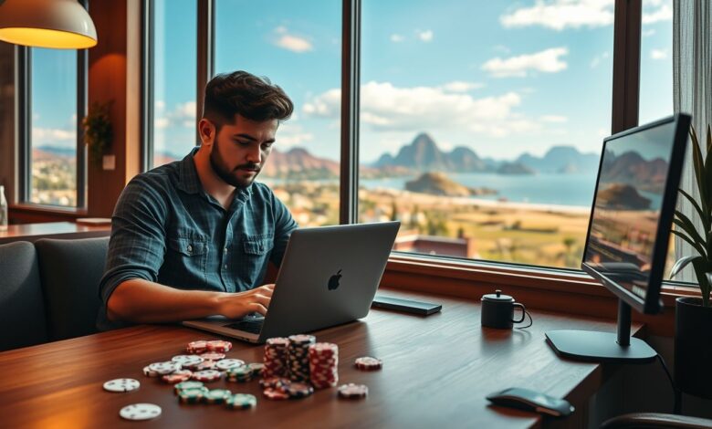 Trabalhar em Cassinos como Nômade Digital: Guia Completo para 2024 - Web Nômade Digital Nômade digital trabalhando remotamente para cassino online com laptop e analytics