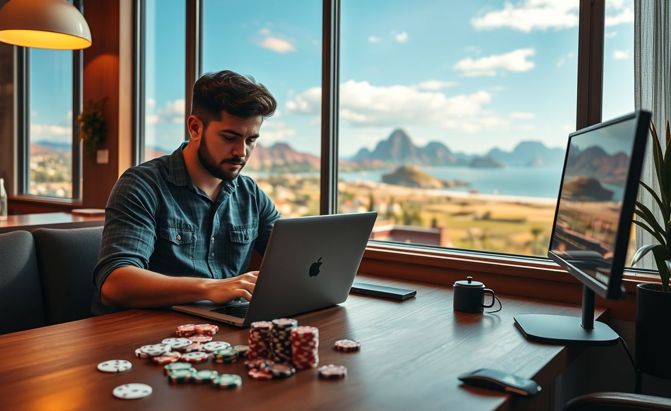 Nômade digital trabalhando remotamente para cassino online com laptop e analytics