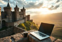 Nômade digital trabalhando em varanda de castelo