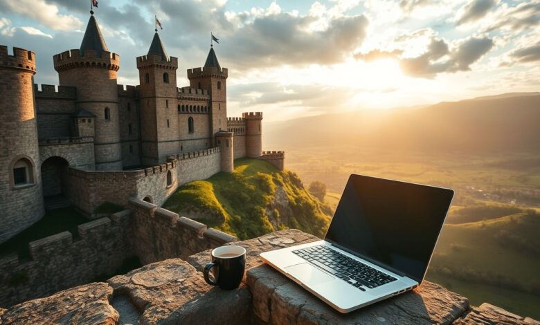 Nômades Castelos: Como Viver e Trabalhar em Fortalezas Históricas - Web Nômade Digital Nômade digital trabalhando em varanda de castelo