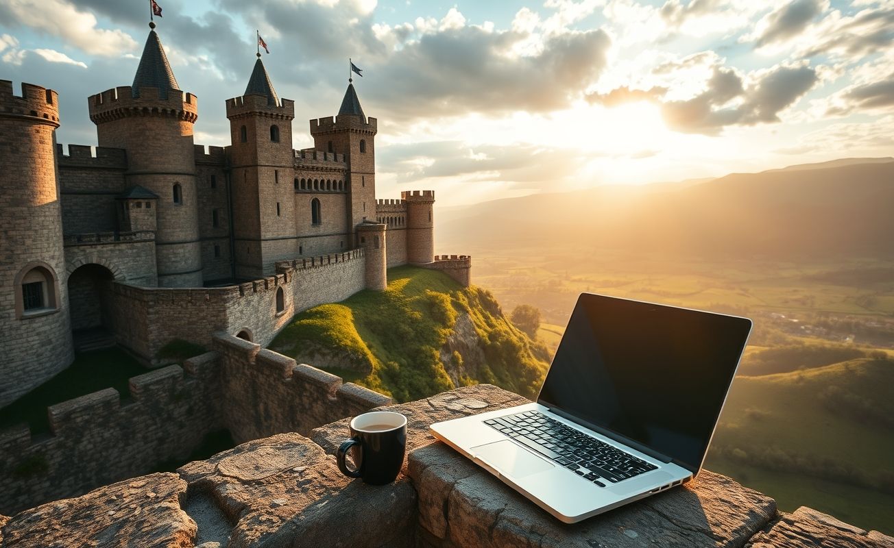 Nômade digital trabalhando em varanda de castelo