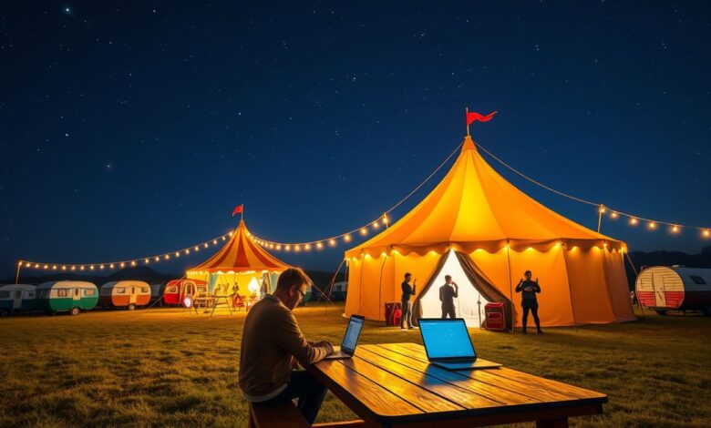Como trabalhar em circos e shows itinerantes como nômade - Web Nômade Digital Nômade digital trabalhando com laptop próximo à lona circense colorida durante show noturno