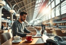 Profissional trabalhando com laptop em estação ferroviária moderna como nômade digital