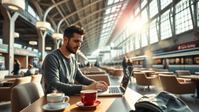Profissional trabalhando com laptop em estação ferroviária moderna como nômade digital