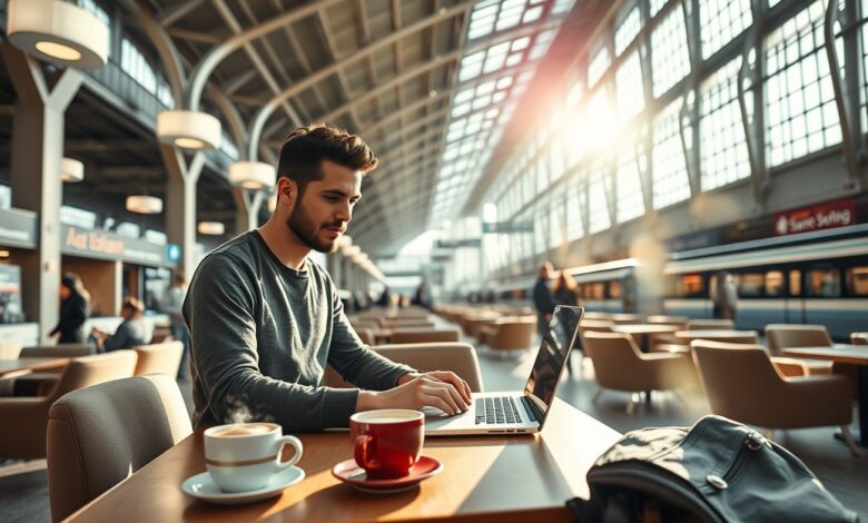 Trabalhar em estações de trem como nômade digital: Guia Completo para Produtividade sobre Trilhos - Web Nômade Digital Profissional trabalhando com laptop em estação ferroviária moderna como nômade digital