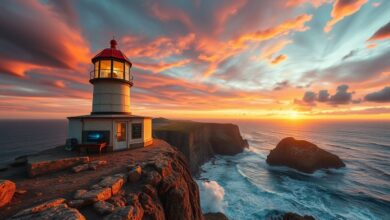 Nômade digital trabalhando em laptop dentro de farol histórico com vista para o mar