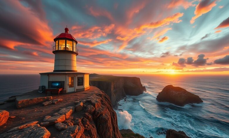 Nômade digital trabalhando em laptop dentro de farol histórico com vista para o mar