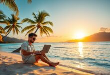 Nômade digital trabalhando em laptop na praia ao pôr do sol