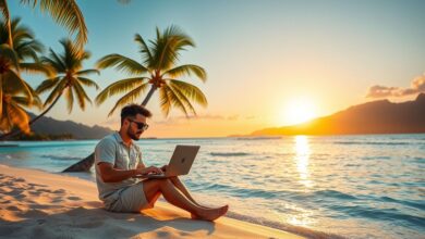 Nômade digital trabalhando em laptop na praia ao pôr do sol