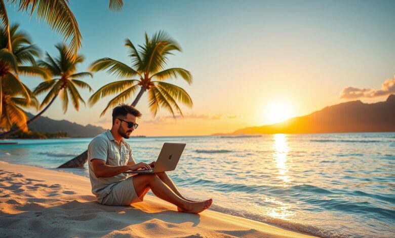 Nômade digital trabalhando em laptop na praia ao pôr do sol