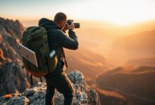 Fotógrafo nômade trabalhando em paisagem natural