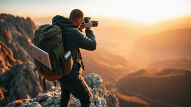 Fotógrafo nômade trabalhando em paisagem natural