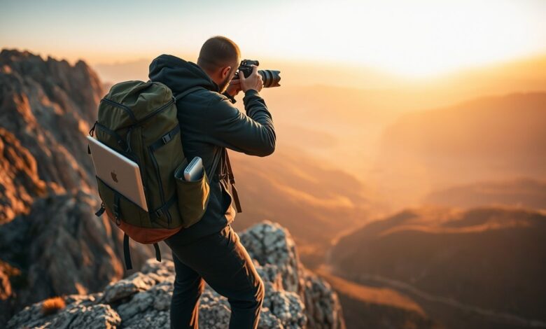 Fotógrafo nômade trabalhando em paisagem natural