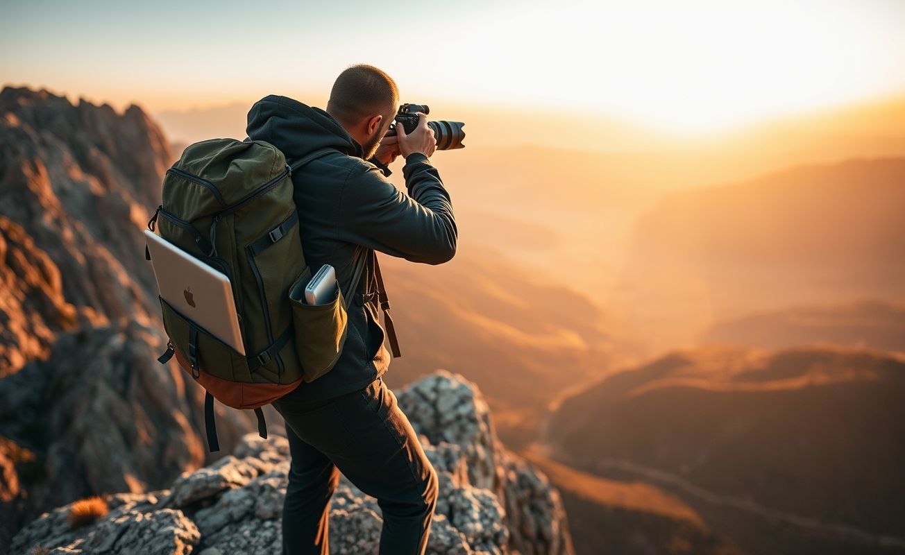 Fotógrafo nômade trabalhando em paisagem natural