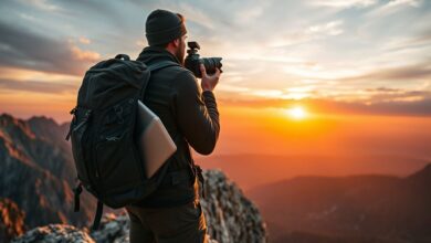 Fotógrafo nômade trabalhando em paisagem montanhosa