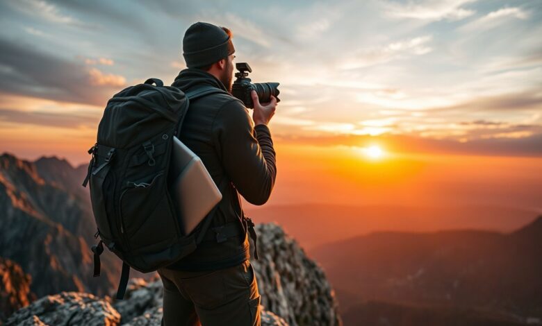 Fotógrafo nômade trabalhando em paisagem montanhosa
