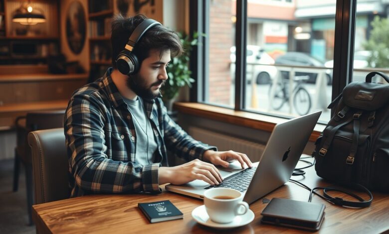 Nômades Músicos: Como Trabalhar e Viajar pelo Mundo com Sua Arte - Web Nômade Digital Nômade digital músico produzindo música durante viagem