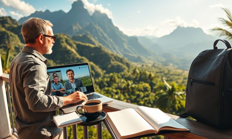 Nômades Psicólogos: Como Atender Online Viajando pelo Mundo - Web Nômade Digital Psicólogo trabalhando remotamente em varanda com vista montanhosa