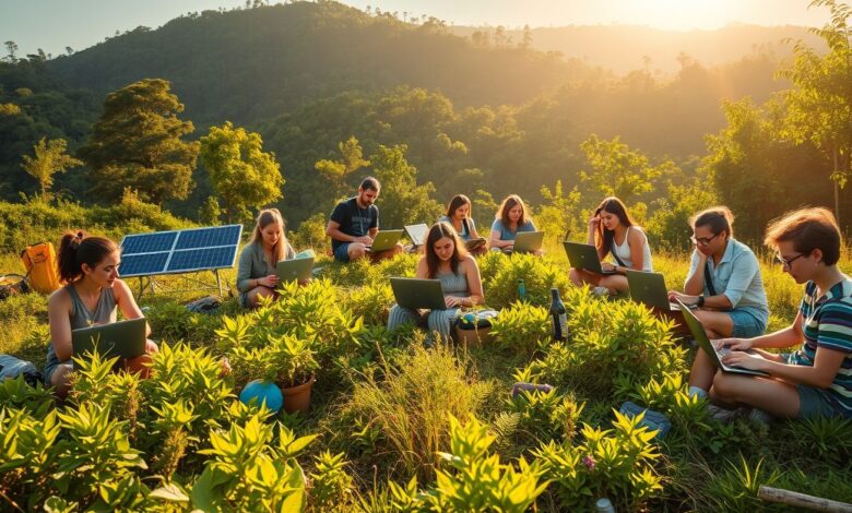 Nômades Ambientalistas: Como Viajar pelo Mundo Preservando a Natureza - Web Nômade Digital Nômades ambientais trabalhando remotamente em projeto de conservação natural