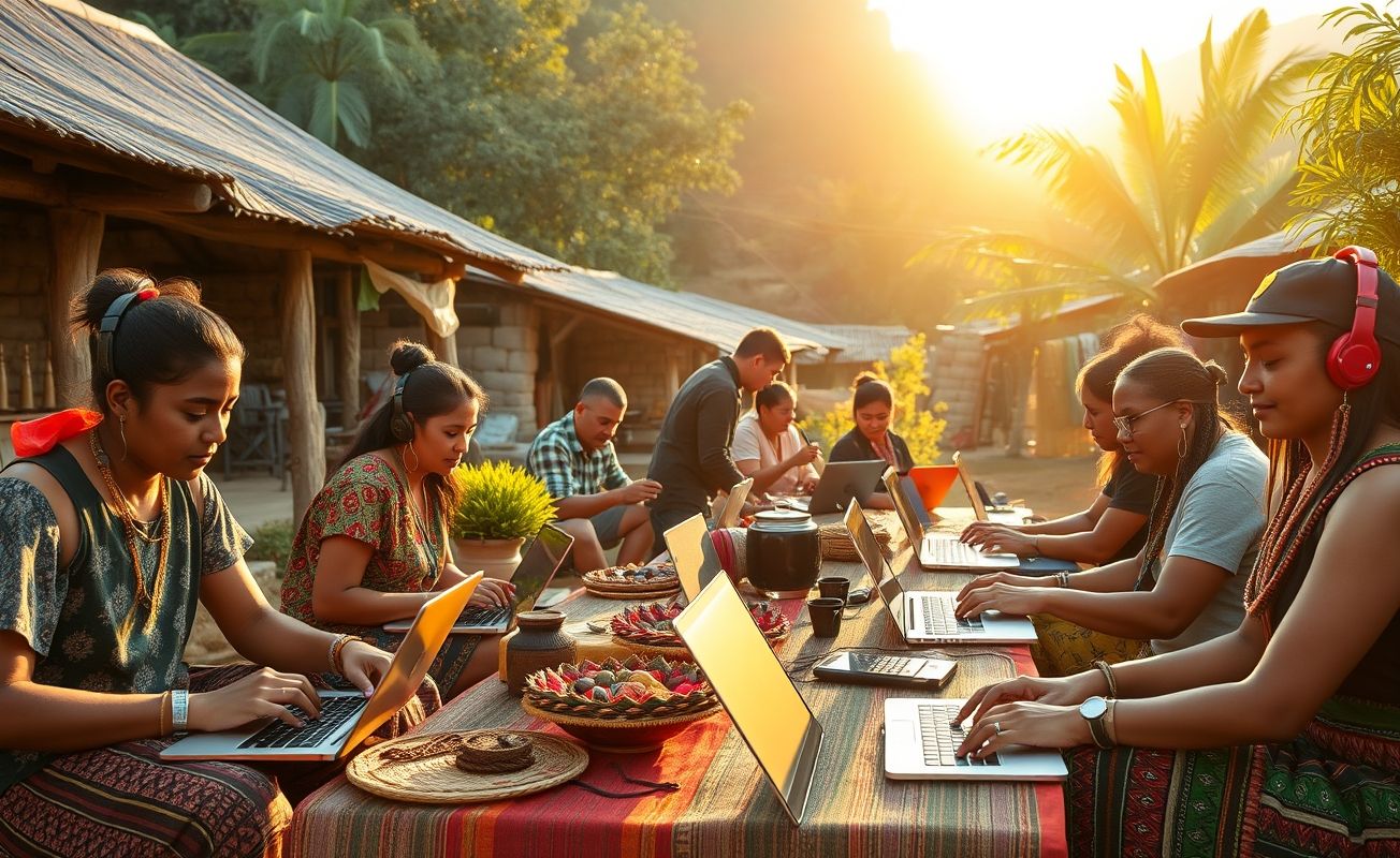 Nômades digitais trabalhando com comunidade indígena em projeto de preservação cultural