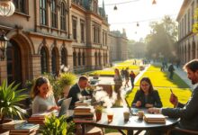 Nômades digitais trabalhando em café de cidade universitária com arquitetura histórica