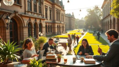 Nômades digitais trabalhando em café de cidade universitária com arquitetura histórica