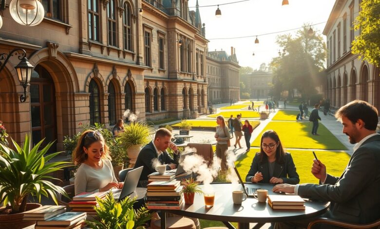 Comunidades de Nômades em Cidades Universitárias: O Paraíso do Trabalho Remoto - Web Nômade Digital Nômades digitais trabalhando em café de cidade universitária com arquitetura histórica