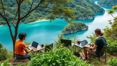 Um grupo de nômades digitais colaborando em um cenário natural.