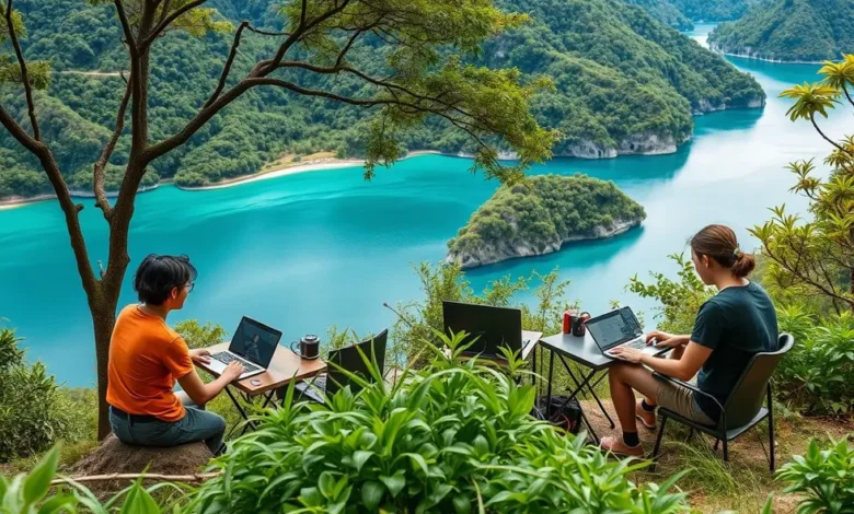 10 Estratégias Eficazes para Promover o Crescimento Sustentável e Conquistar Liberdade Financeira - Web Nômade Digital Um grupo de nômades digitais colaborando em um cenário natural.