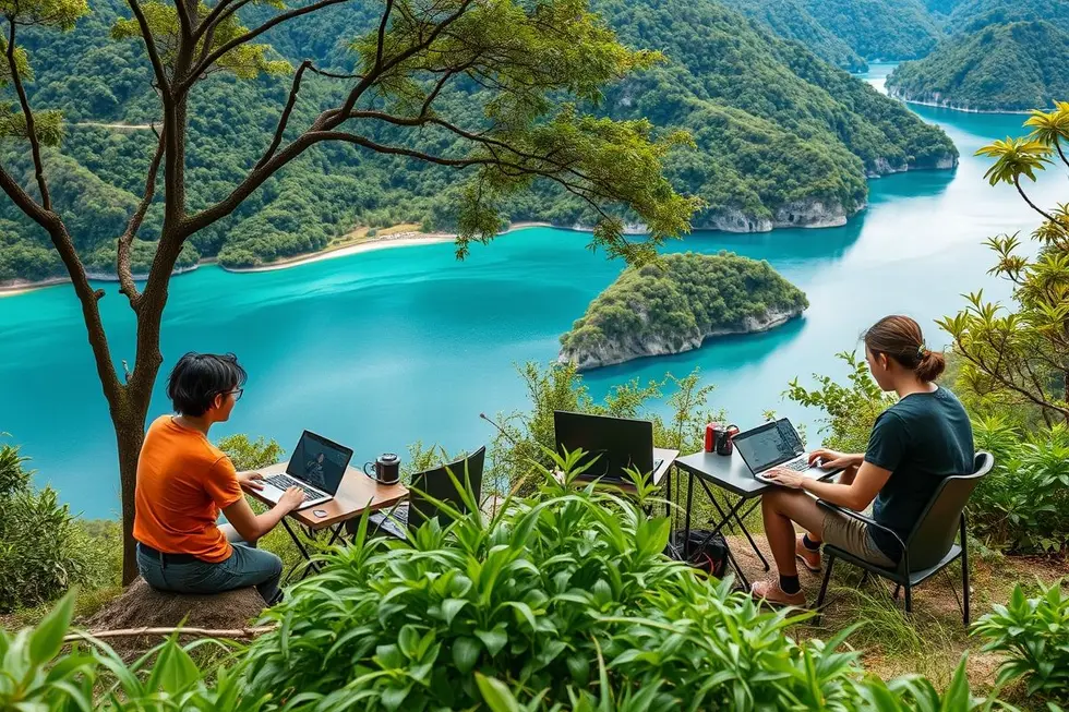 Um grupo de nômades digitais colaborando em um cenário natural.