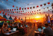 Nômades digitais trabalhando em laptop durante festival musical