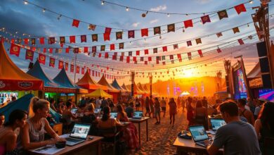 Nômades digitais trabalhando em laptop durante festival musical