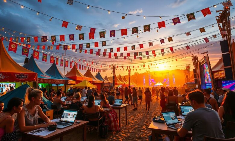 Nômades digitais trabalhando em laptop durante festival musical