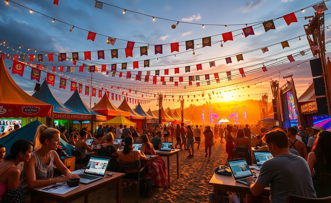 Nômades digitais trabalhando em laptop durante festival musical
