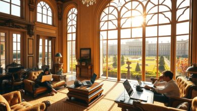 Nômades digitais trabalhando em palácio restaurado com laptops e internet