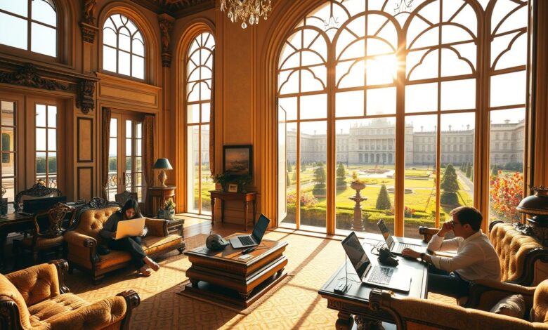 Nômades digitais trabalhando em palácio restaurado com laptops e internet