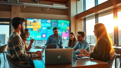 Um grupo de nômades digitais discutindo ideias de negócios online.